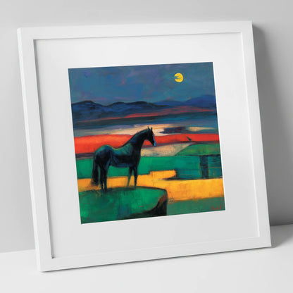 Midnight Solitude horse landscape art print in white frame
