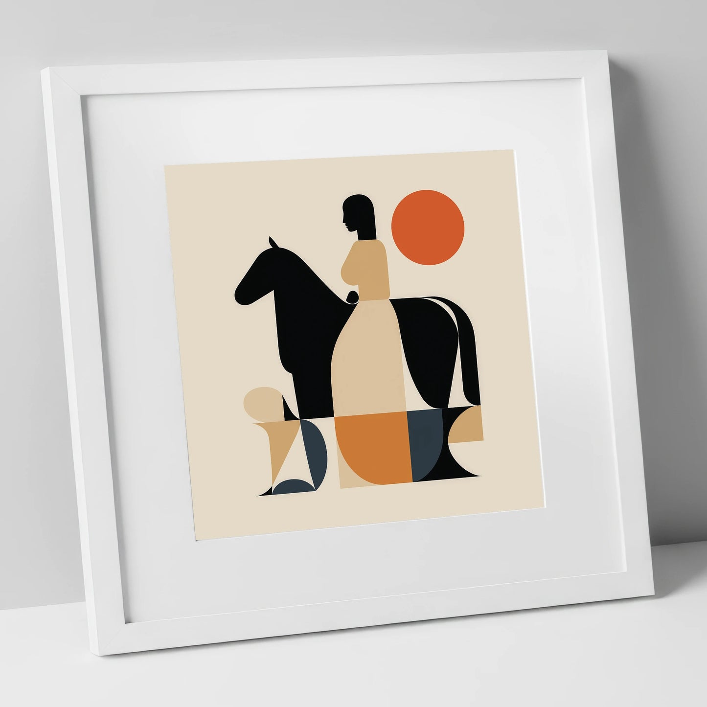 Harmony in Silhouette horse & rider art print in white frame