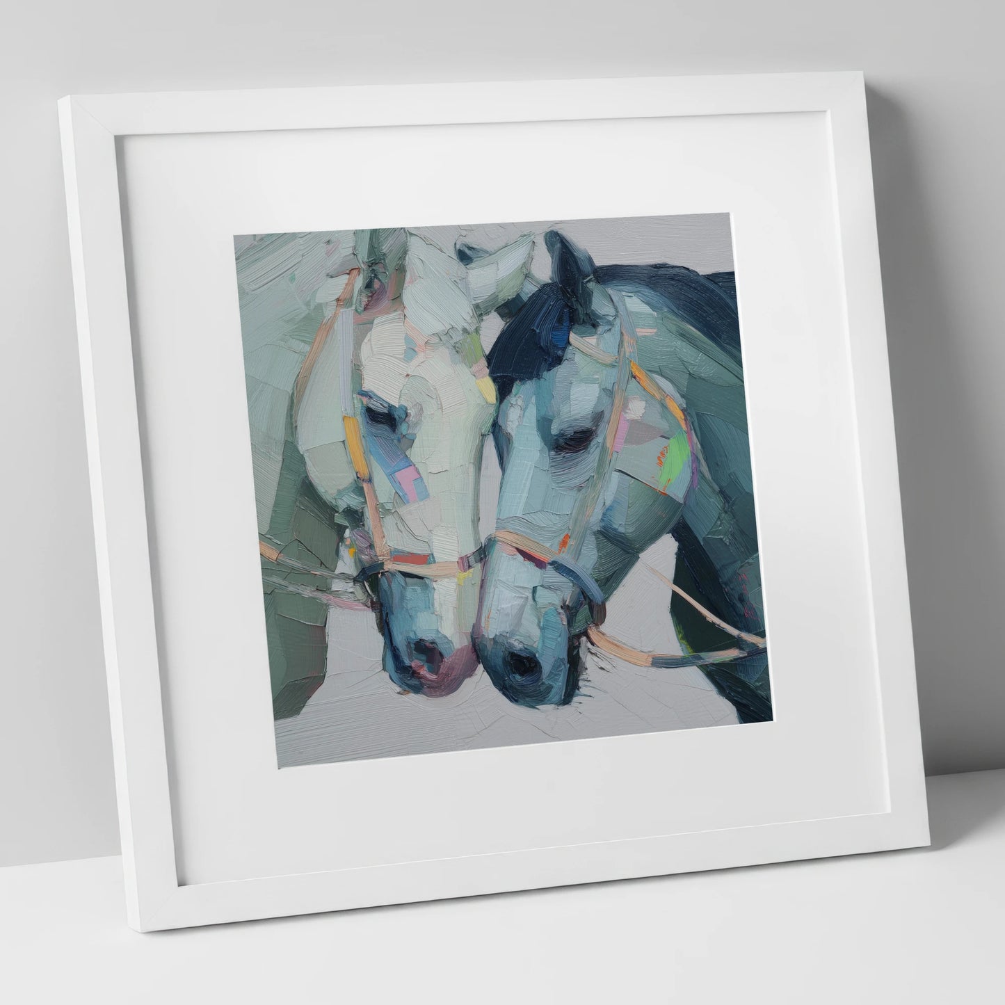 A Quiet Connection horse portrait art print in white frame