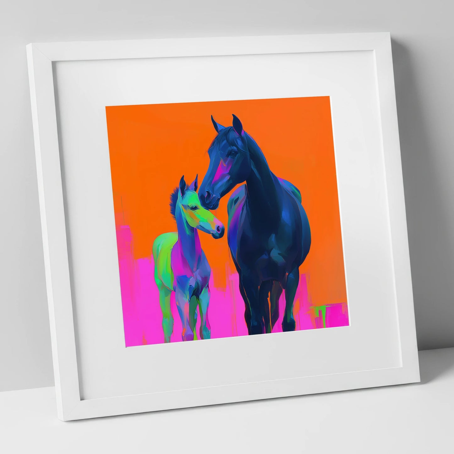 Electric Bond mare & foal art print in white frame