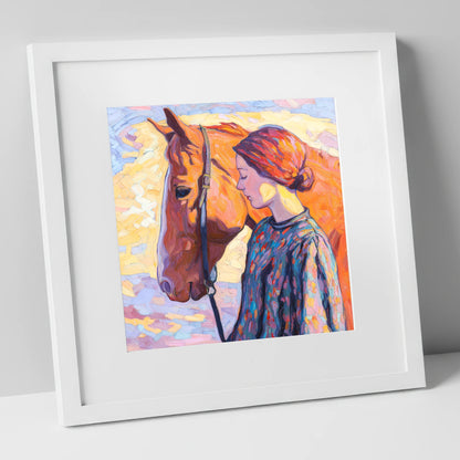 Radiant Connection horse & rider art print in white frame