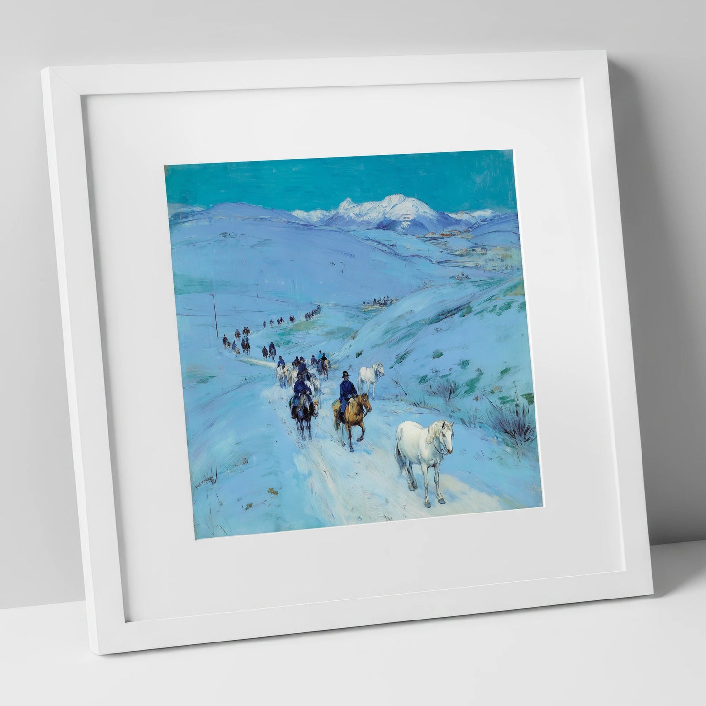 Alpine Winter Cavalcade horse landscape art print in white frame