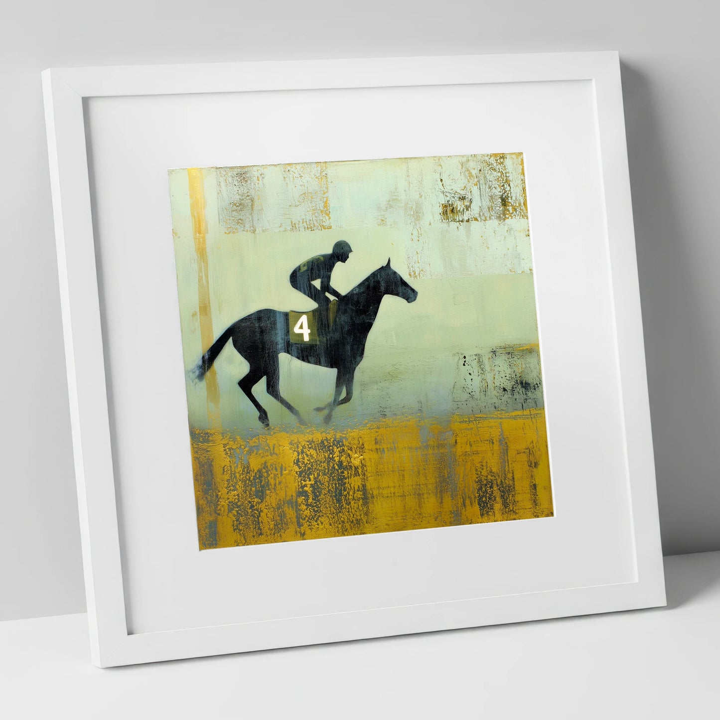 Gilded Number Four racing horse art print in white frame