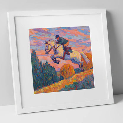Airborne at Dusk show jumping horse art print in white frame