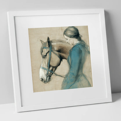 The Silent Bond horse & rider art print in white frame