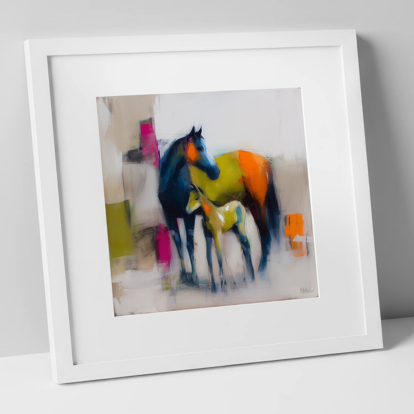 Bold Beginnings mare & foal art print in white frame