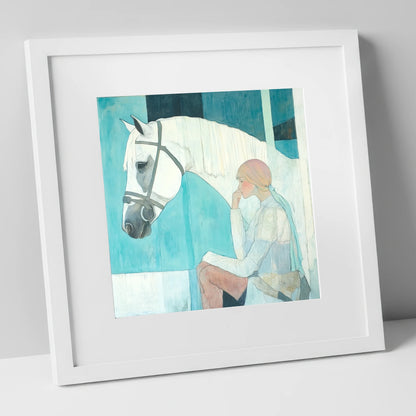 Quiet Contemplation horse & rider art print in white frame