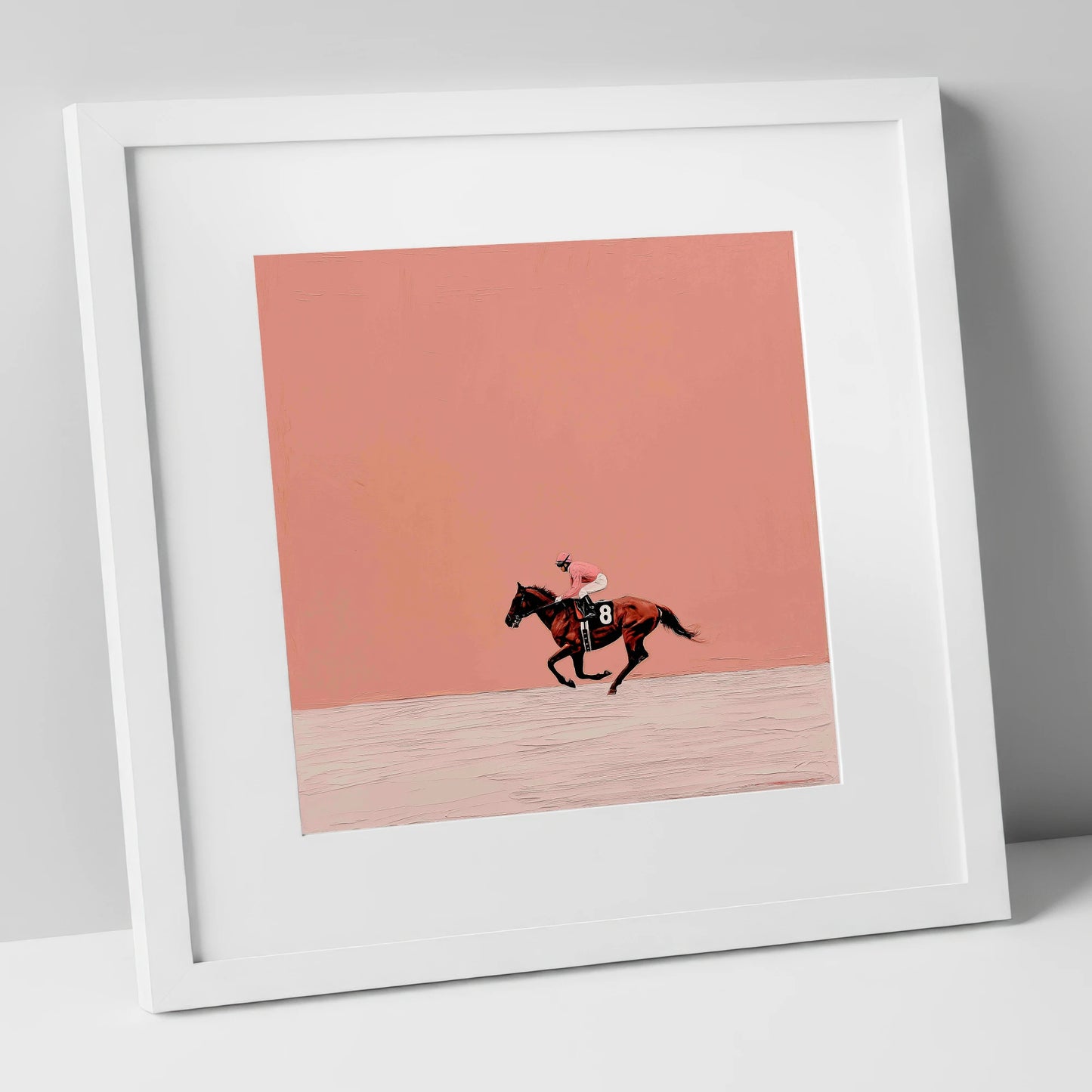 Dusty Rose Racing racing horse art print in white frame