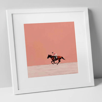 Dusty Rose Racing racing horse art print in white frame