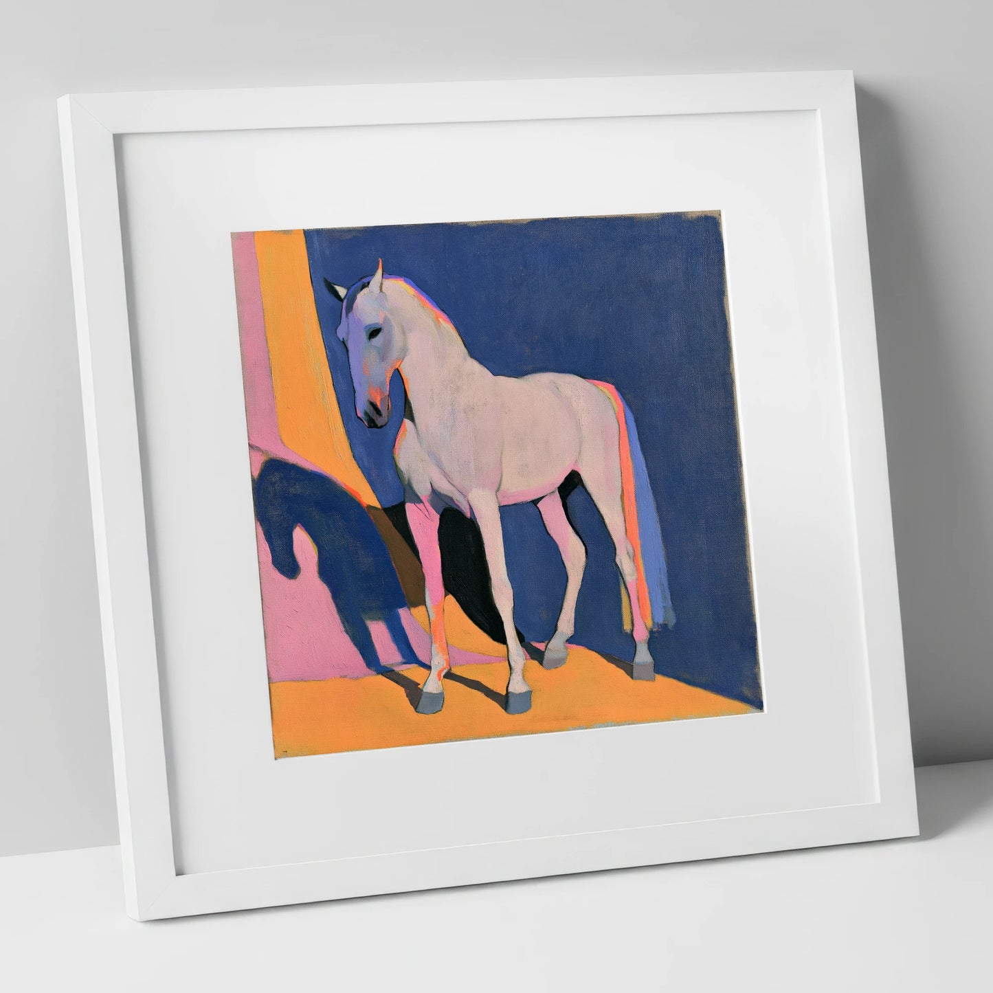 Colourful Grey Horse And Shadow horse breed art print in white frame