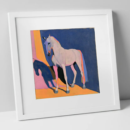 Colourful Grey Horse And Shadow horse breed art print in white frame