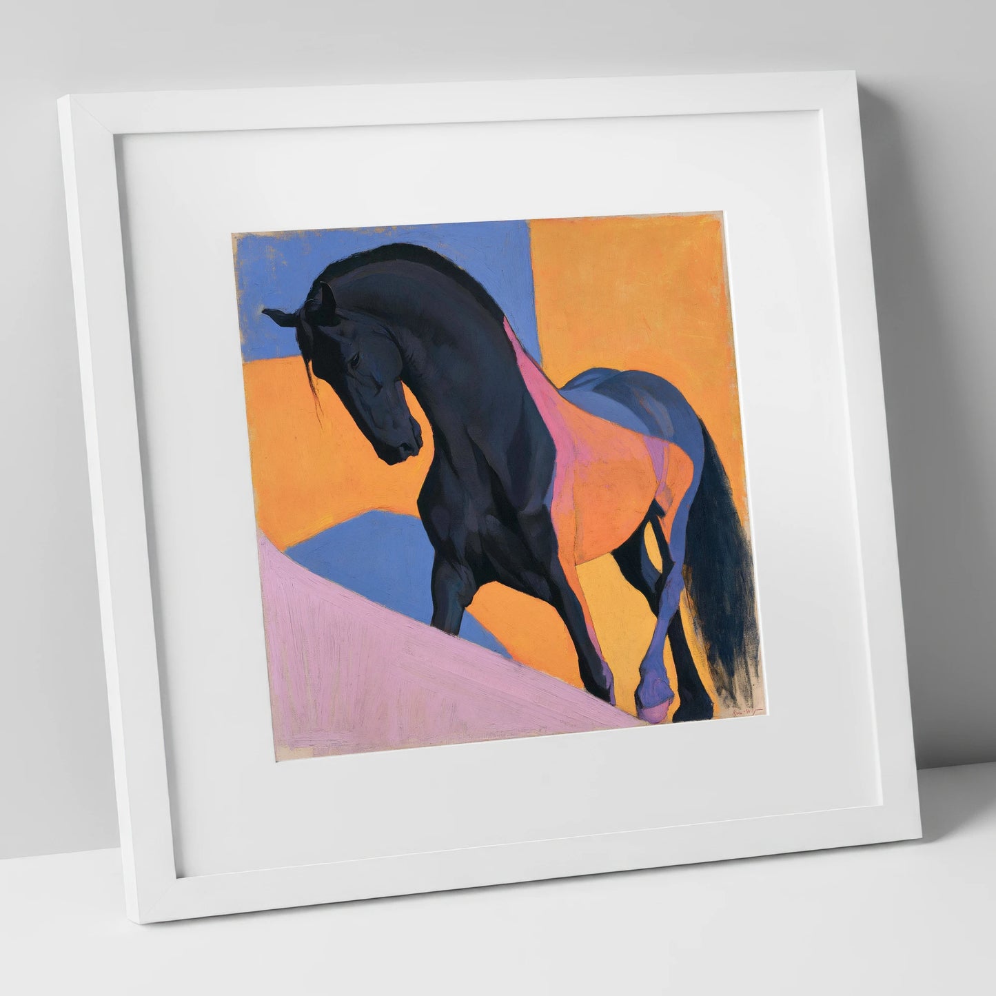 Black Stallion on Bold Orange horse breed art print in white frame