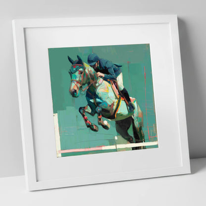 The Perfect Clearance show jumping horse art print in white frame