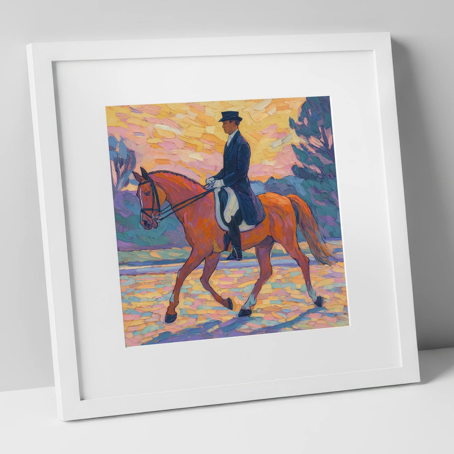Painted Dressage Elegance dressage horse art print in white frame