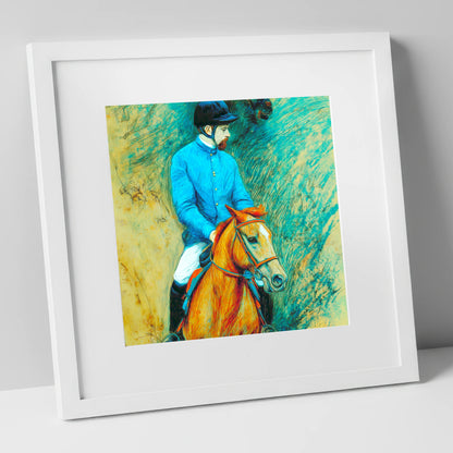 The Cerulean Jockey racing horse art print in white frame