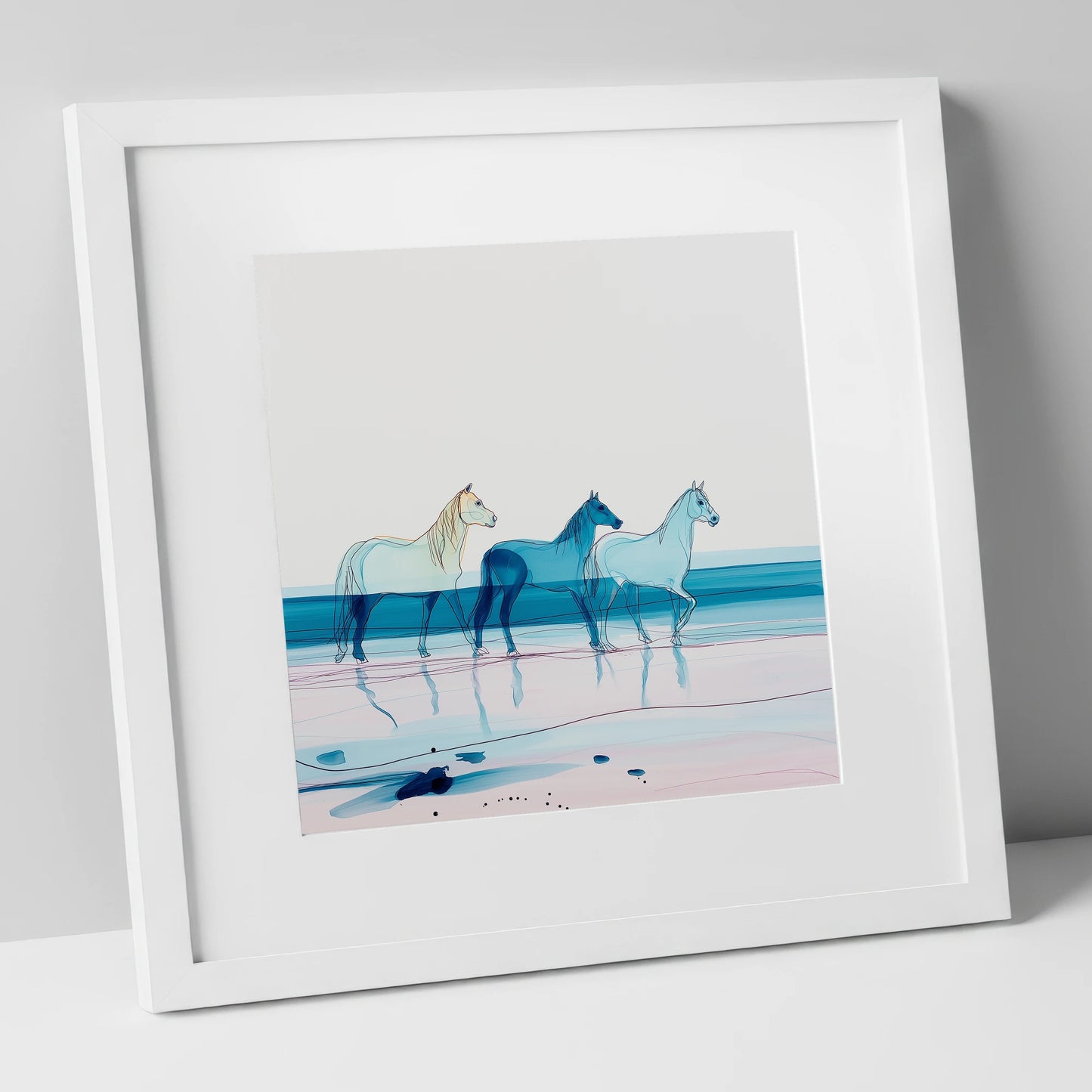 Azure Tide Walkers horse landscape art print in white frame