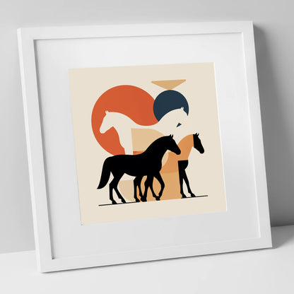 Mid-Century Equine Form wild horses art print in white frame
