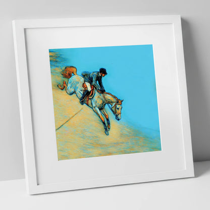 Bold Cerulean Flight show jumping horse art print in white frame