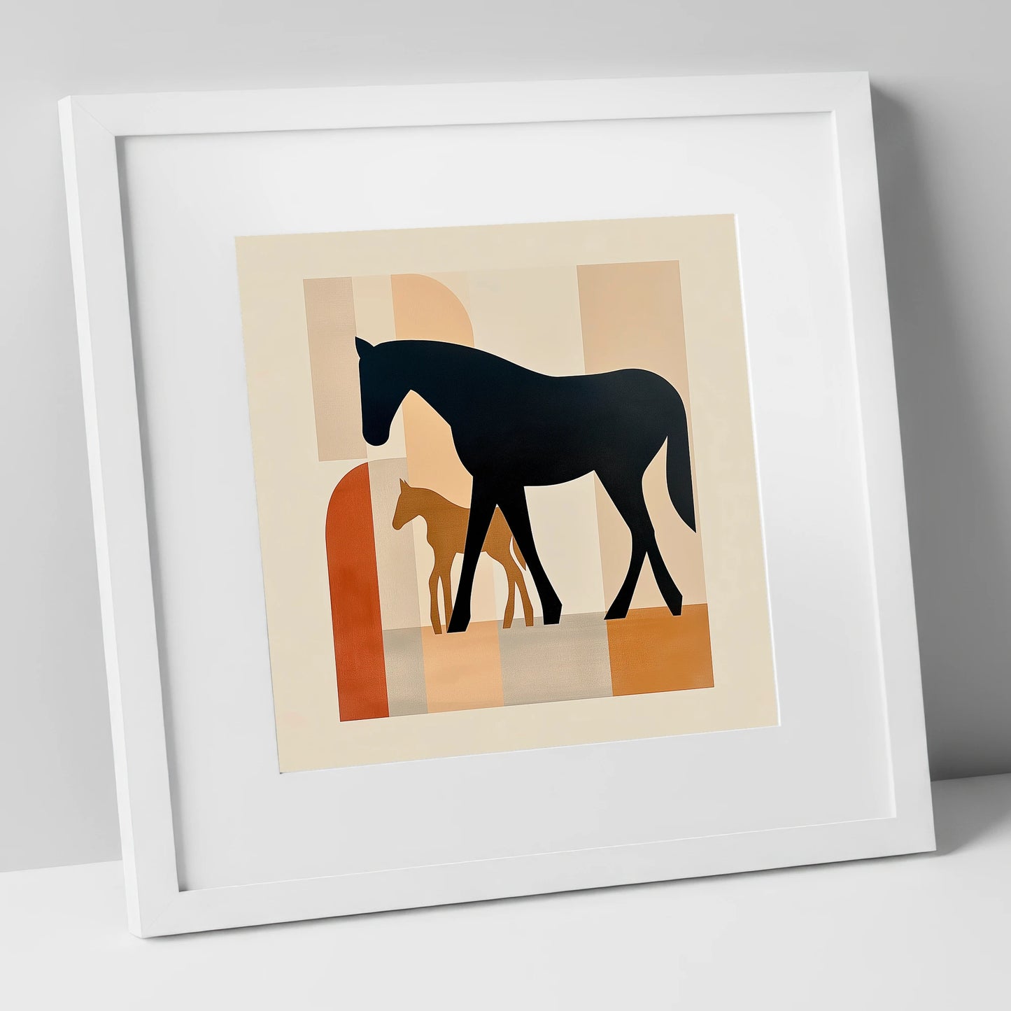 Mid-Century Maternal Bond mare & foal art print in white frame
