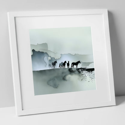 Silent Sentinels of the Mist wild horses art print in white frame