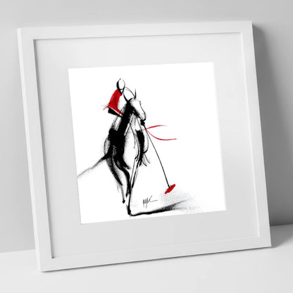 The Crimson Chukka polo horse art print in white frame