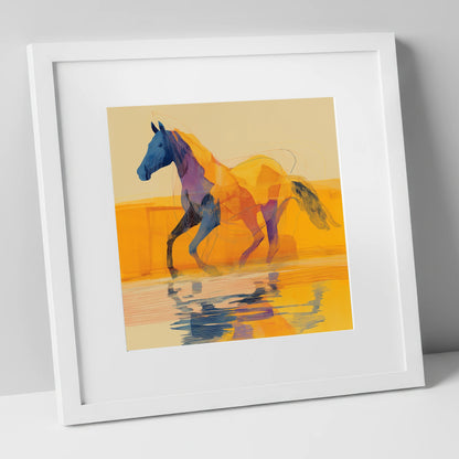 Golden Coastal Stride beach horse art print in white frame