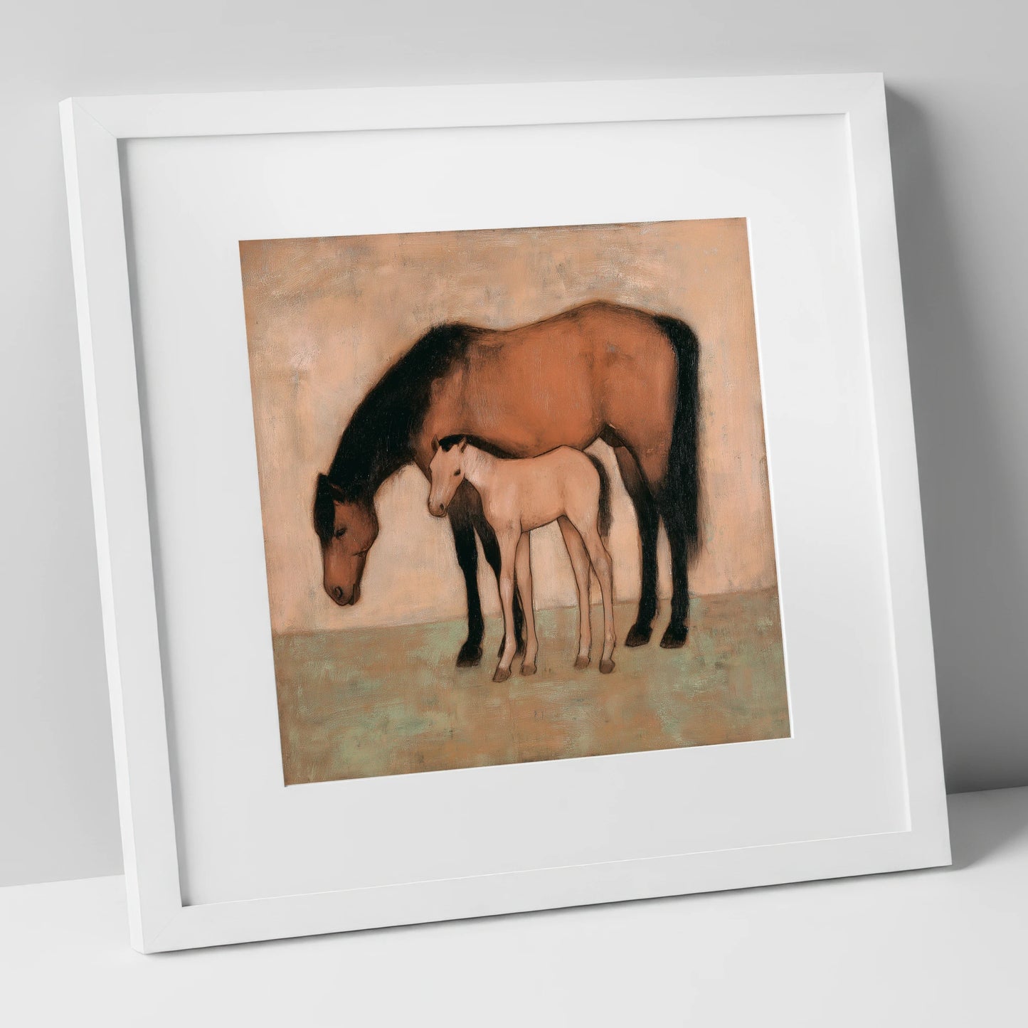 Quiet Pasture Bond mare & foal art print in white frame