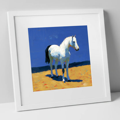 Sunlit Grey horse breed art print in white frame