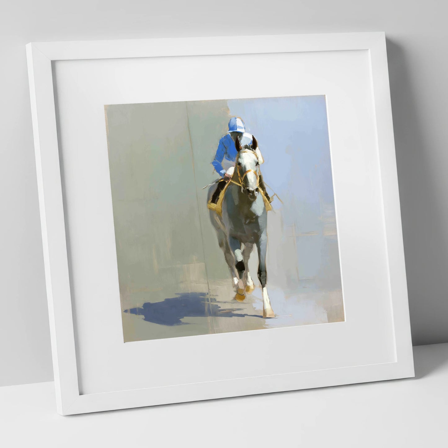 The Grey Challenger racing horse art print in white frame
