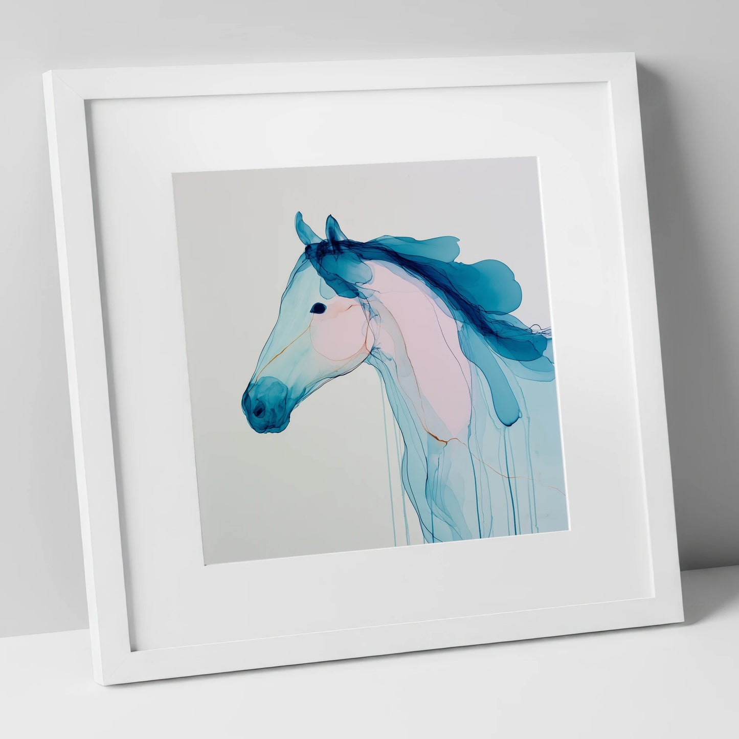 Ethereal Blue Spirit horse breed art print in white frame