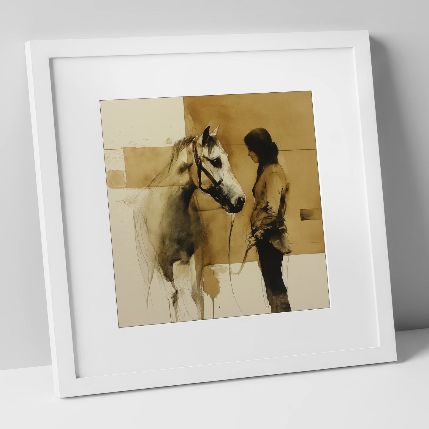 Silent Dialogue horse & rider art print in white frame