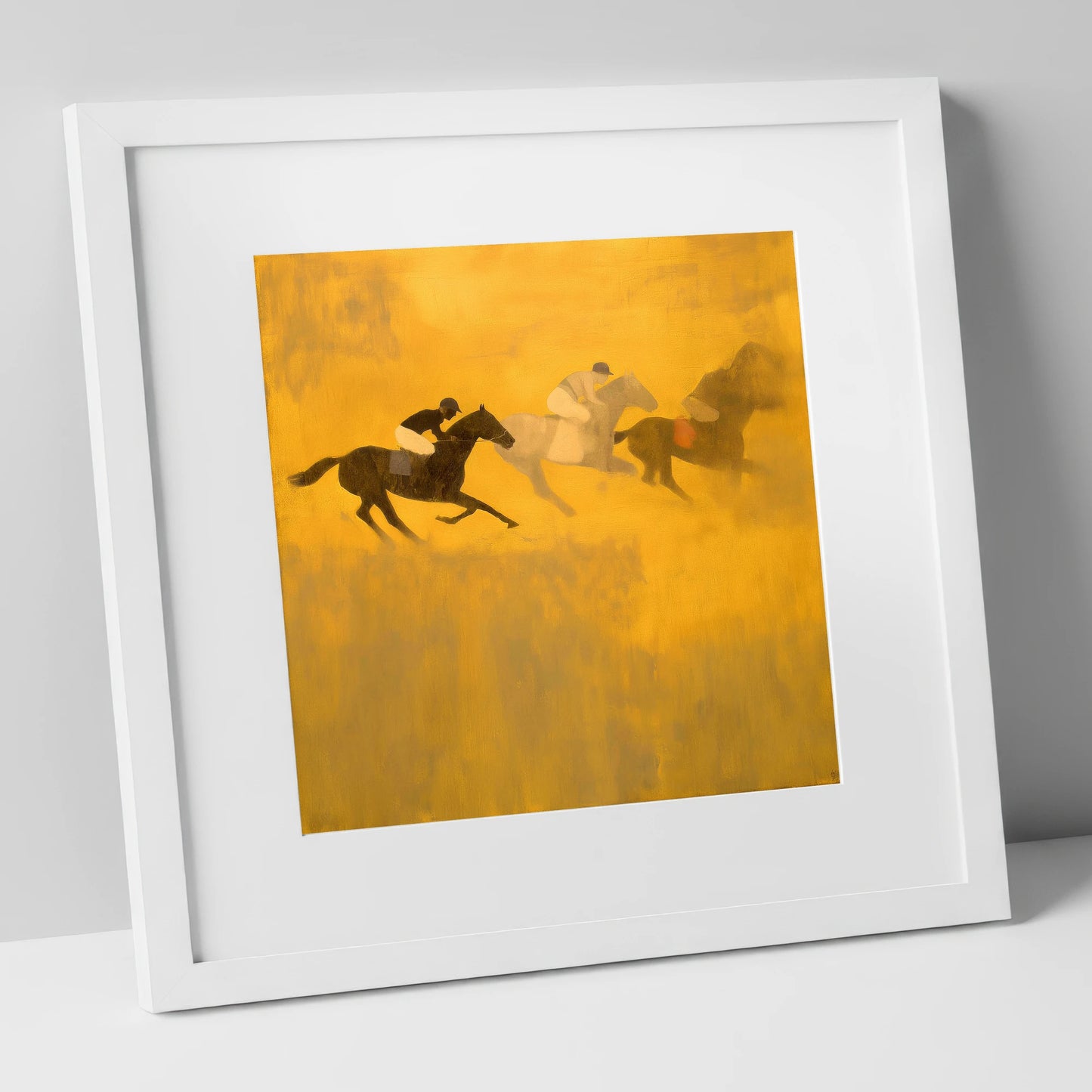 Golden Dust Runners racing horse art print in white frame