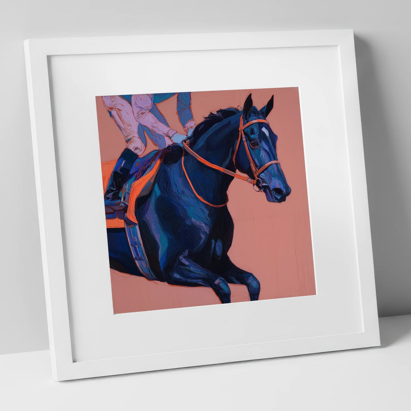 Indigo Rush racing horse art print in white frame