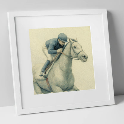 The Blue Silks racing horse art print in white frame