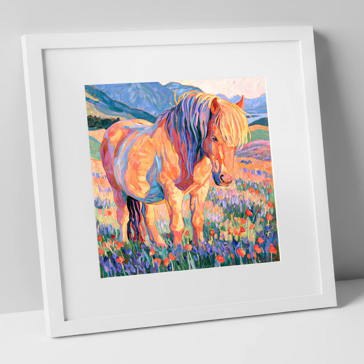 Colourful Horse in Wildflower Meadow horse breed art print in white frame