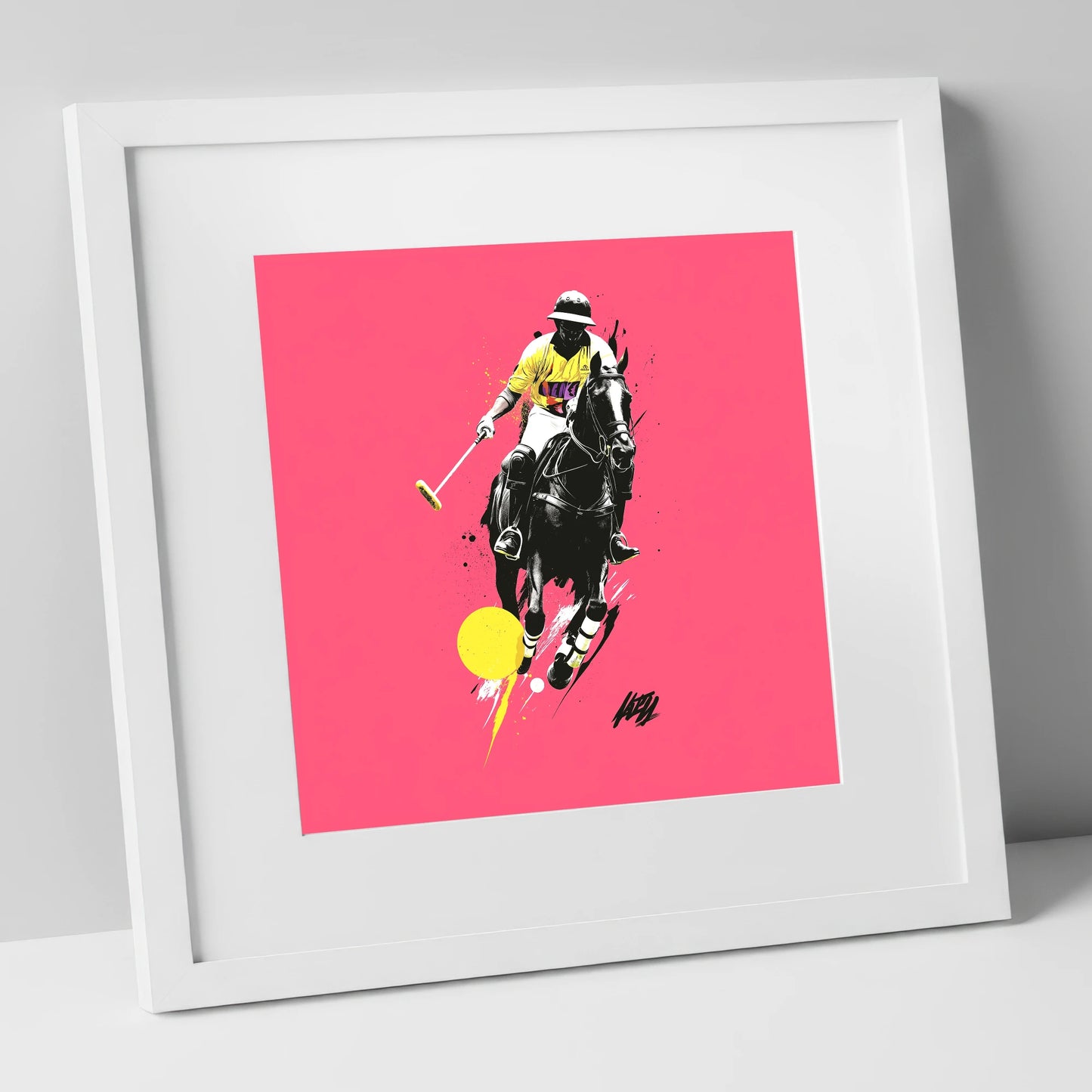 Magenta Chukka polo horse art print in white frame