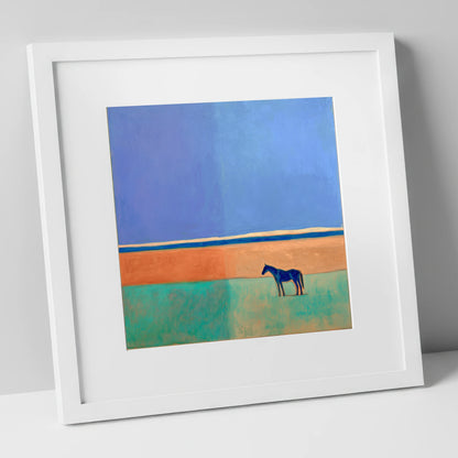 Cobalt Horizon horse landscape art print in white frame