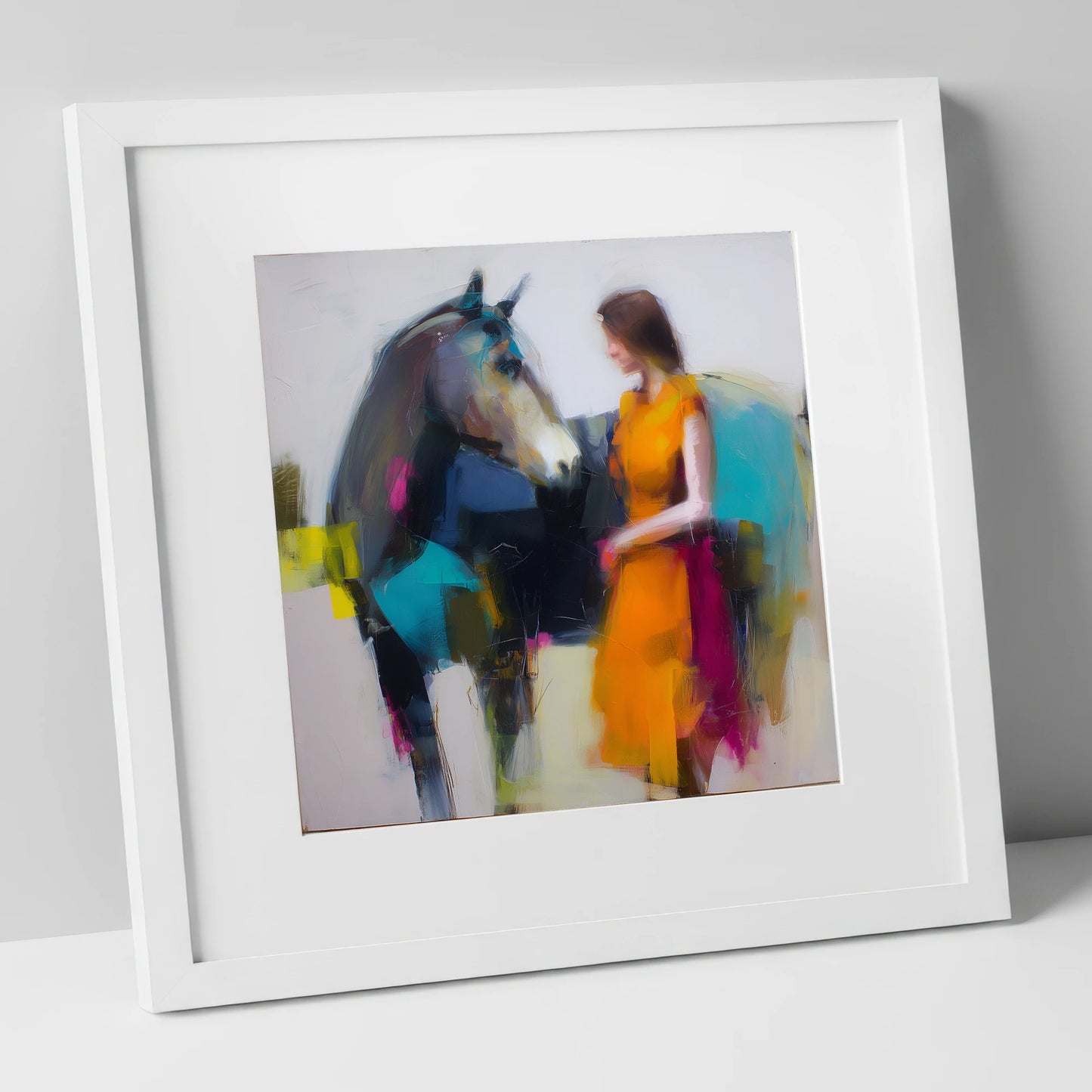 Vivid Companionship horse & rider art print in white frame