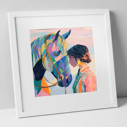 Vibrant Harmony horse & rider art print in white frame
