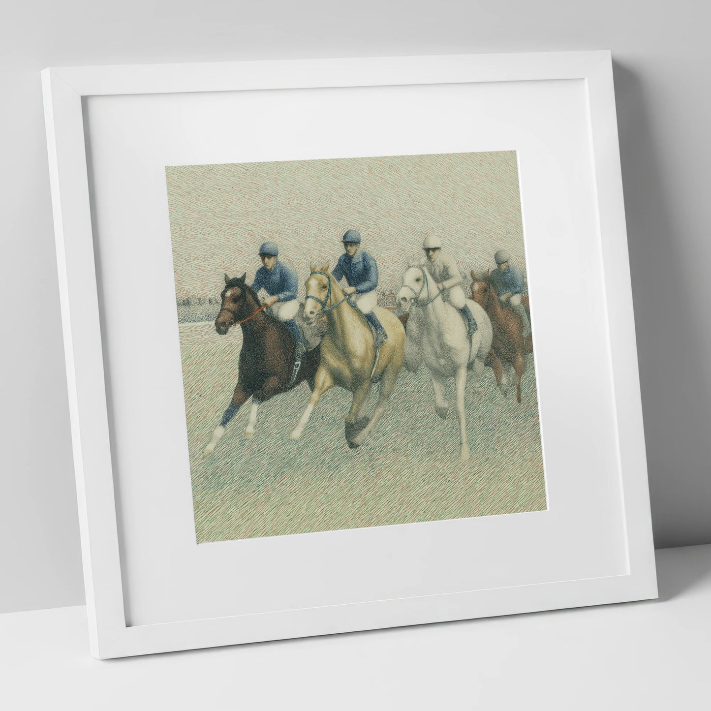The Classic Field racing horse art print in white frame
