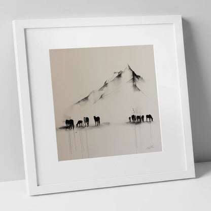 Ethereal Mountain Herd horse landscape art print in white frame