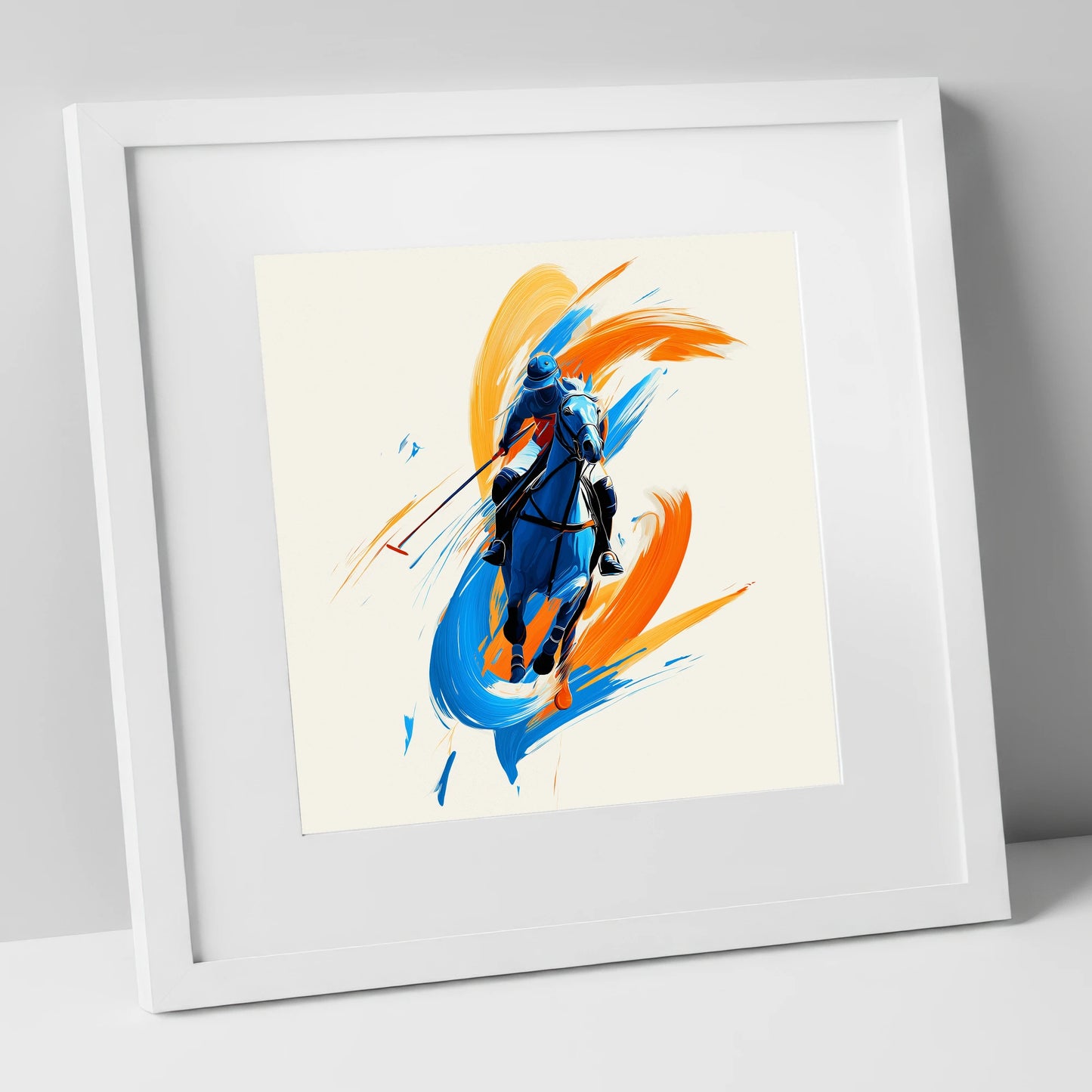 The Indigo Strike polo horse art print in white frame