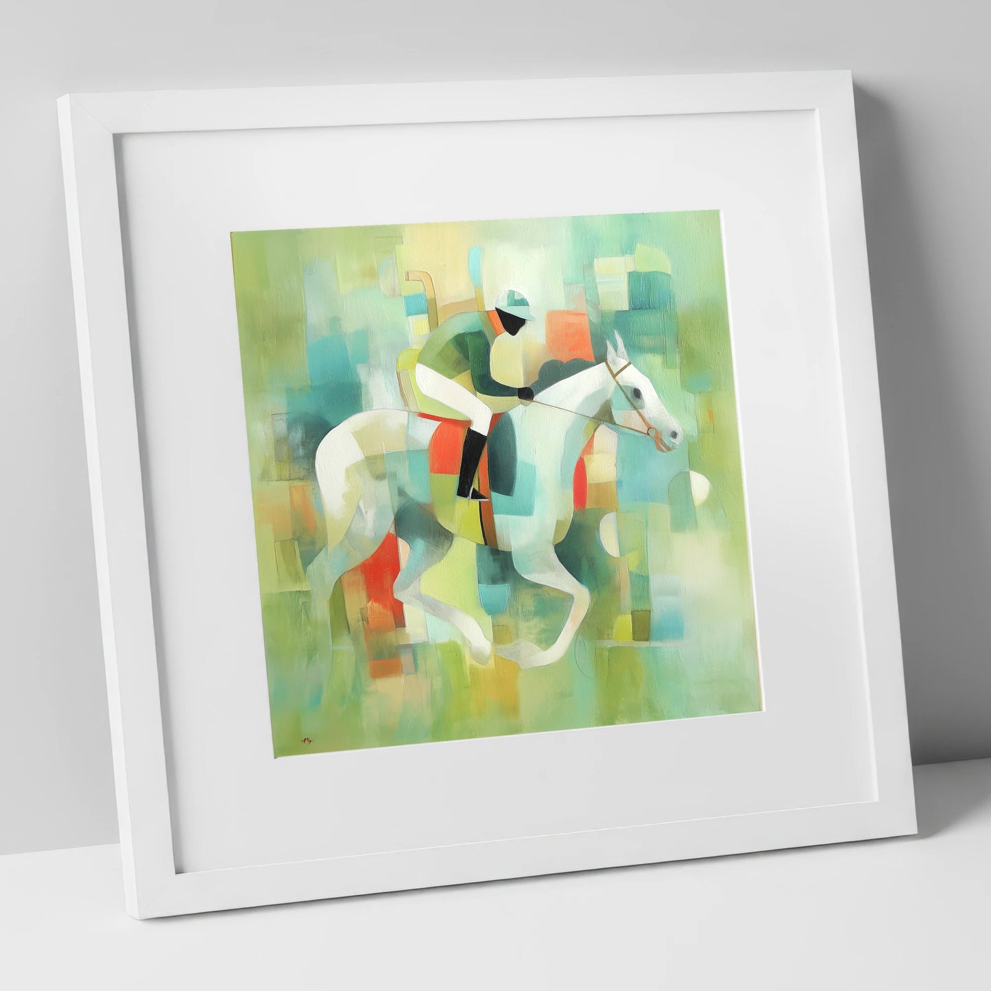 Structured Stride racing horse art print in white frame