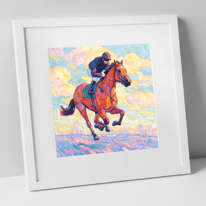 Technicolour Gallop racing horse art print in white frame