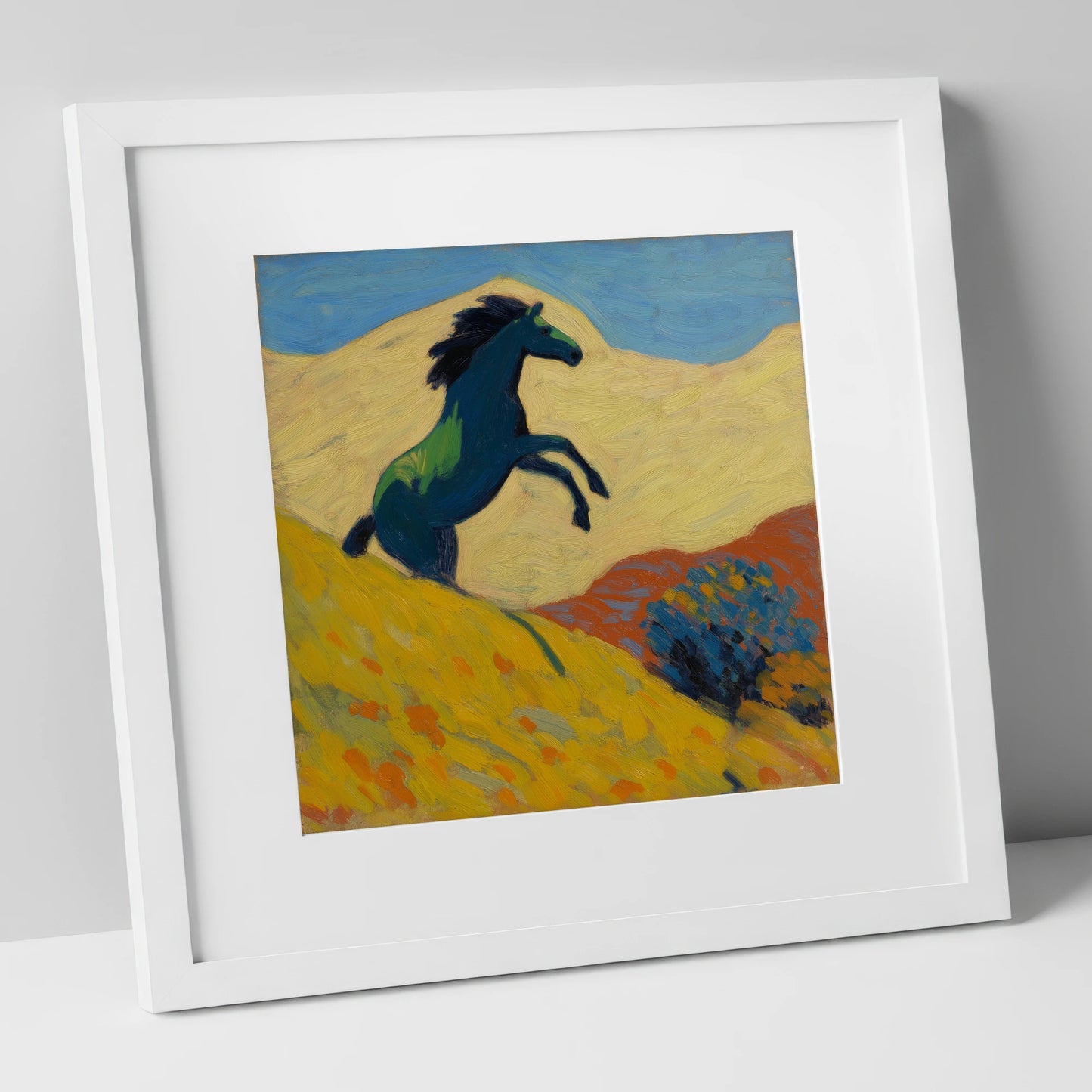 Rearing Indigo wild horses art print in white frame