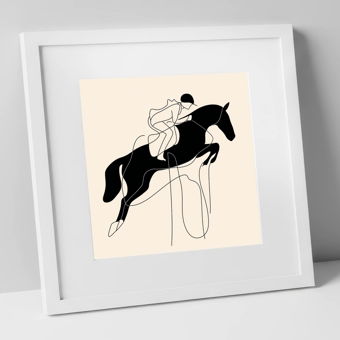 Flight and Form show jumping horse art print in white frame