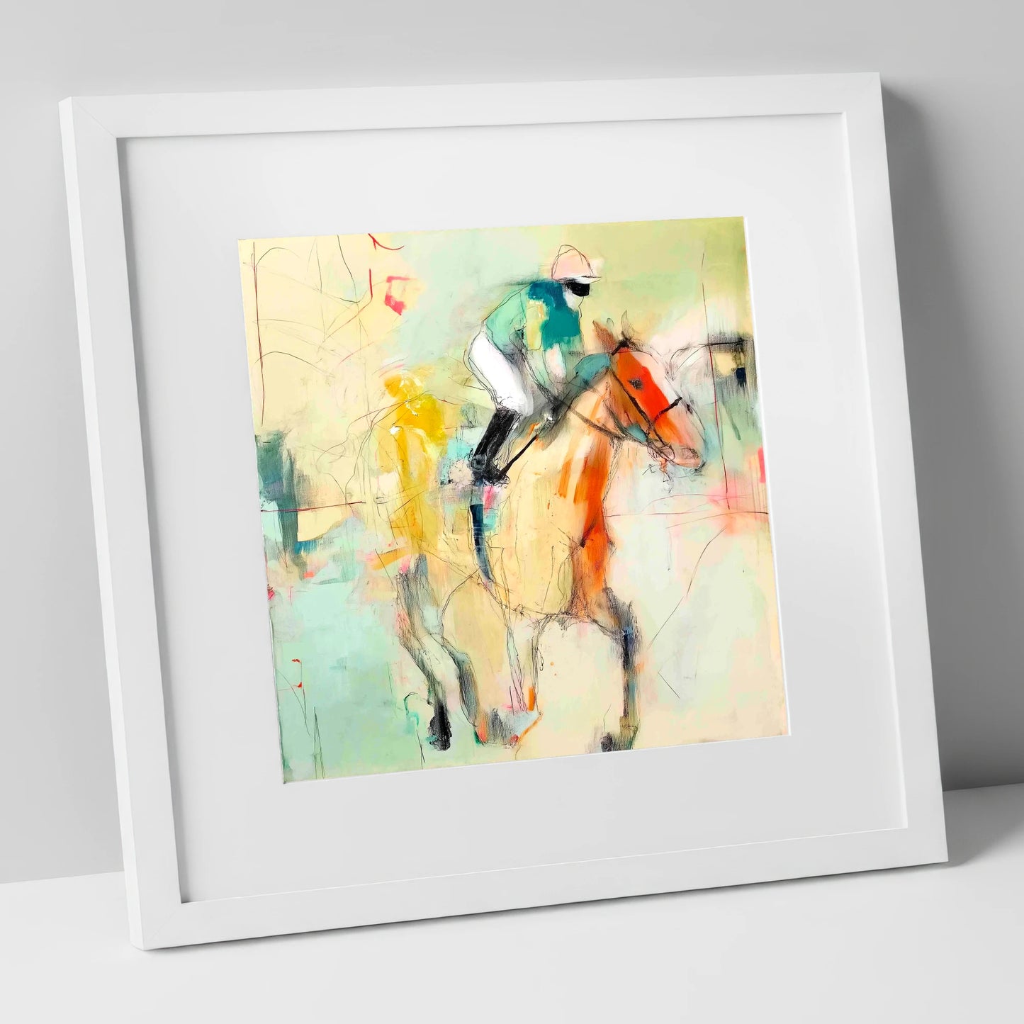 The Fleeting Stride racing horse art print in white frame