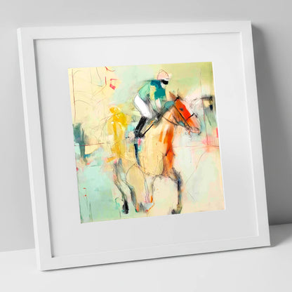 The Fleeting Stride racing horse art print in white frame