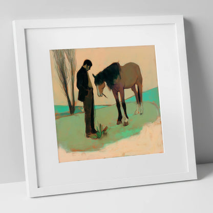 The Quiet Bond horse & rider art print in white frame