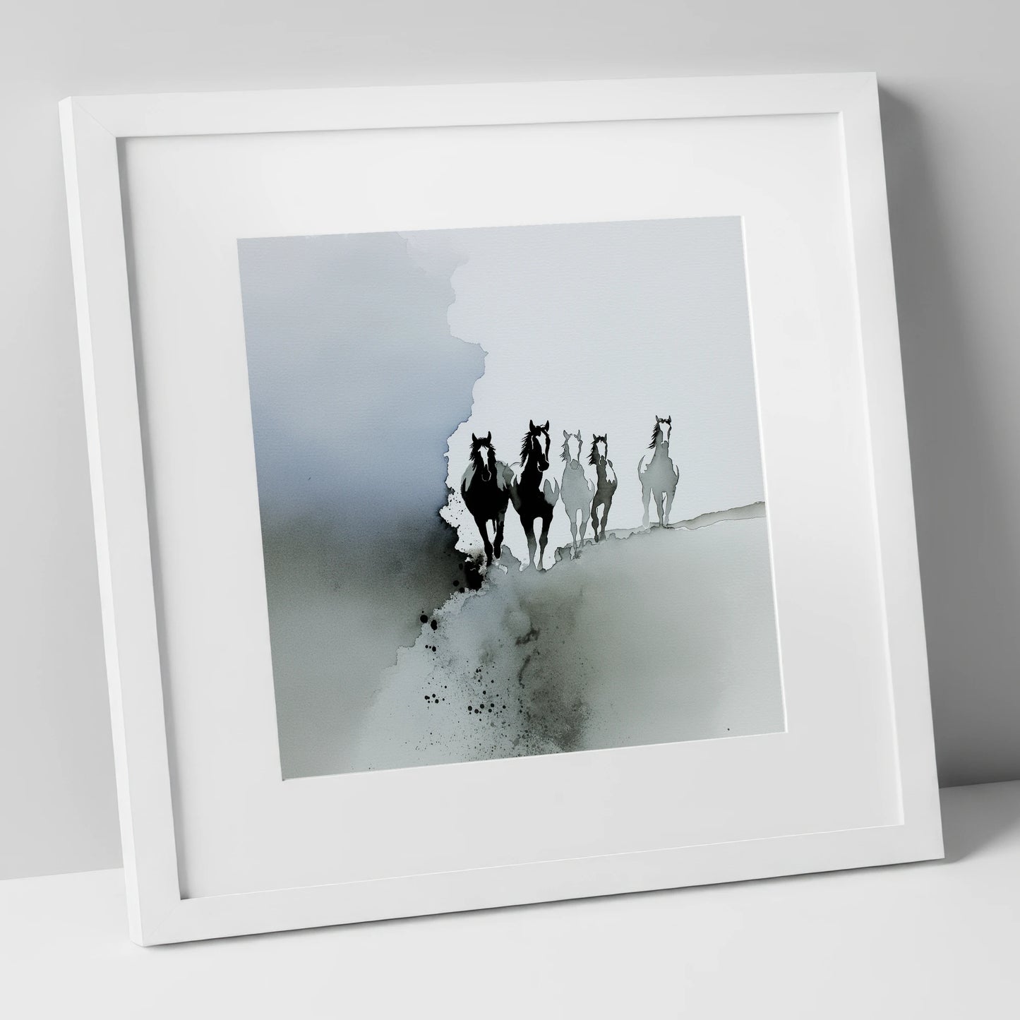 Emerging From the Mist wild horses art print in white frame